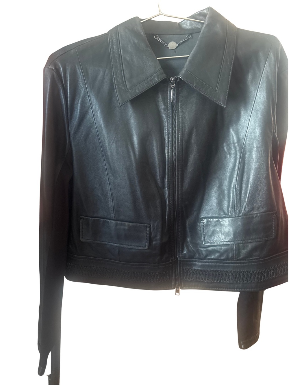 Marc Cain Luxury Black Genuine Leather & Knit Panel Zip-Up Jacket